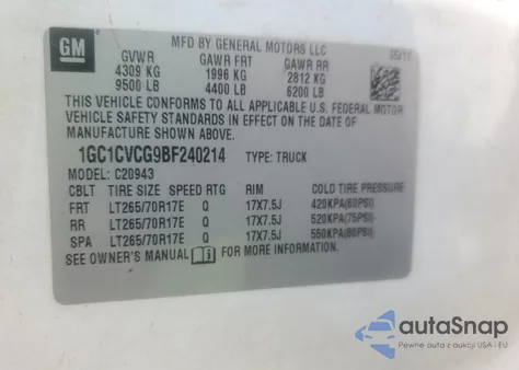 2011 Chevrolet Silverado C2500 Heavy Duty z USA, uszkodzony, nr VIN 1GC1CVCG9BF240214